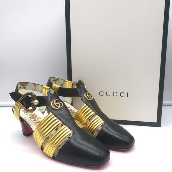 Gucci Gea Faux Pearl T-Strap Pumps Black & Gold Leather Size 36.5 NEW - Picture 1 of 12